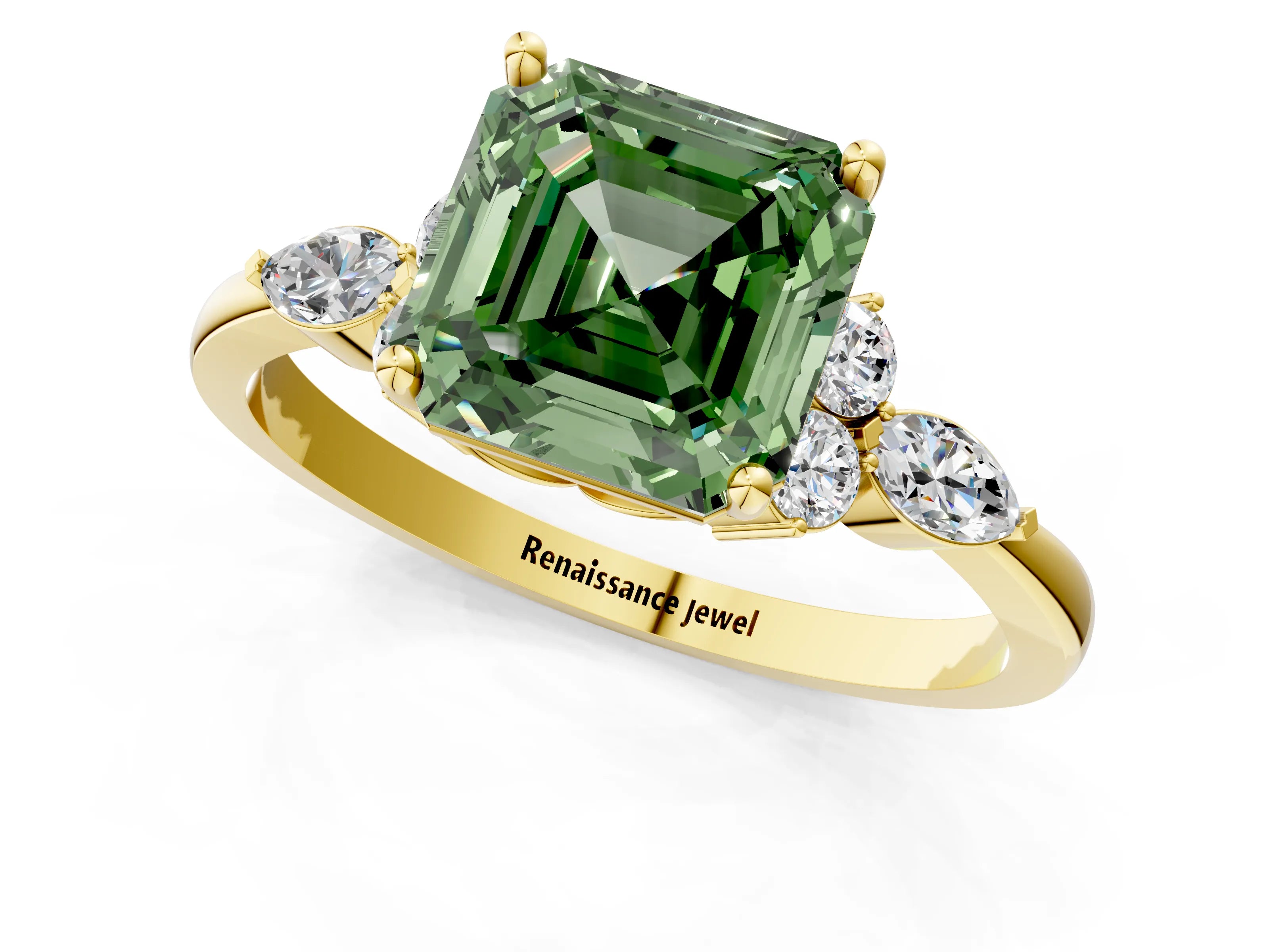 Yellow gold Fancy Green Asscher Cut Brilliant Diamond Solitaire Ring with Pear Side Stones and Four-Prong Setting_4