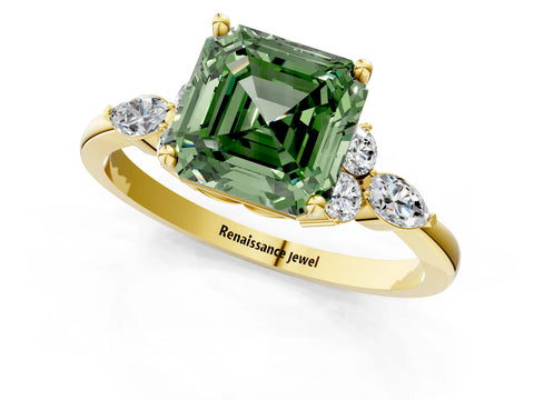 Yellow gold Fancy Green Asscher Cut Brilliant Diamond Solitaire Ring with Pear Side Stones and Four-Prong Setting_4
