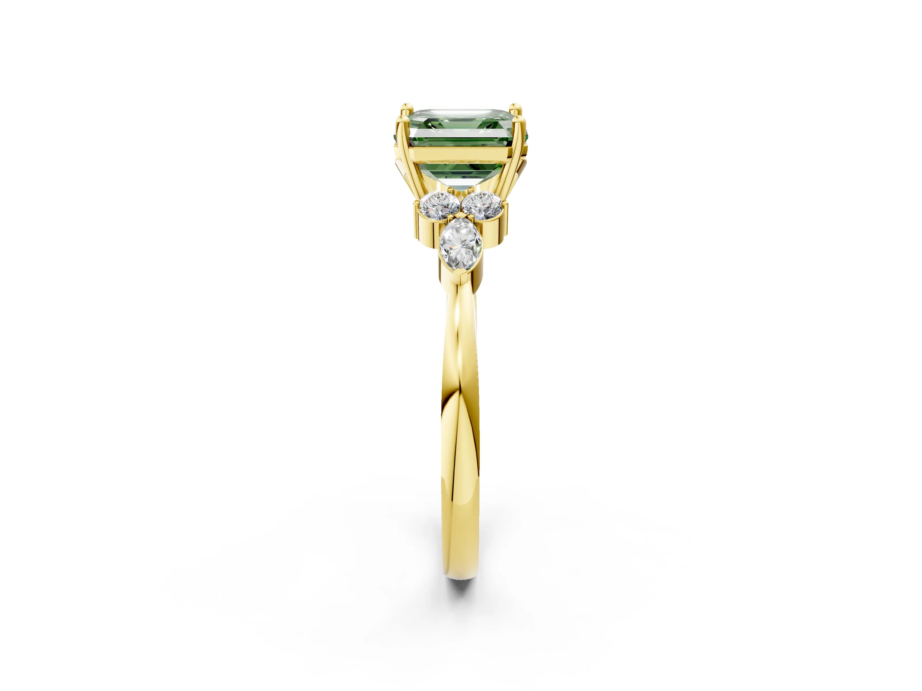 Yellow gold Fancy Green Asscher Cut Brilliant Diamond Solitaire Ring with Pear Side Stones and Four-Prong Setting_5