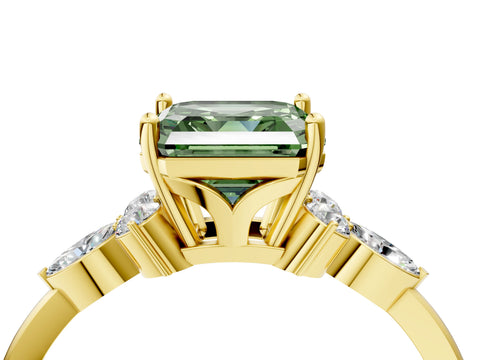 Yellow gold Fancy Green Asscher Cut Brilliant Diamond Solitaire Ring with Pear Side Stones and Four-Prong Setting_7