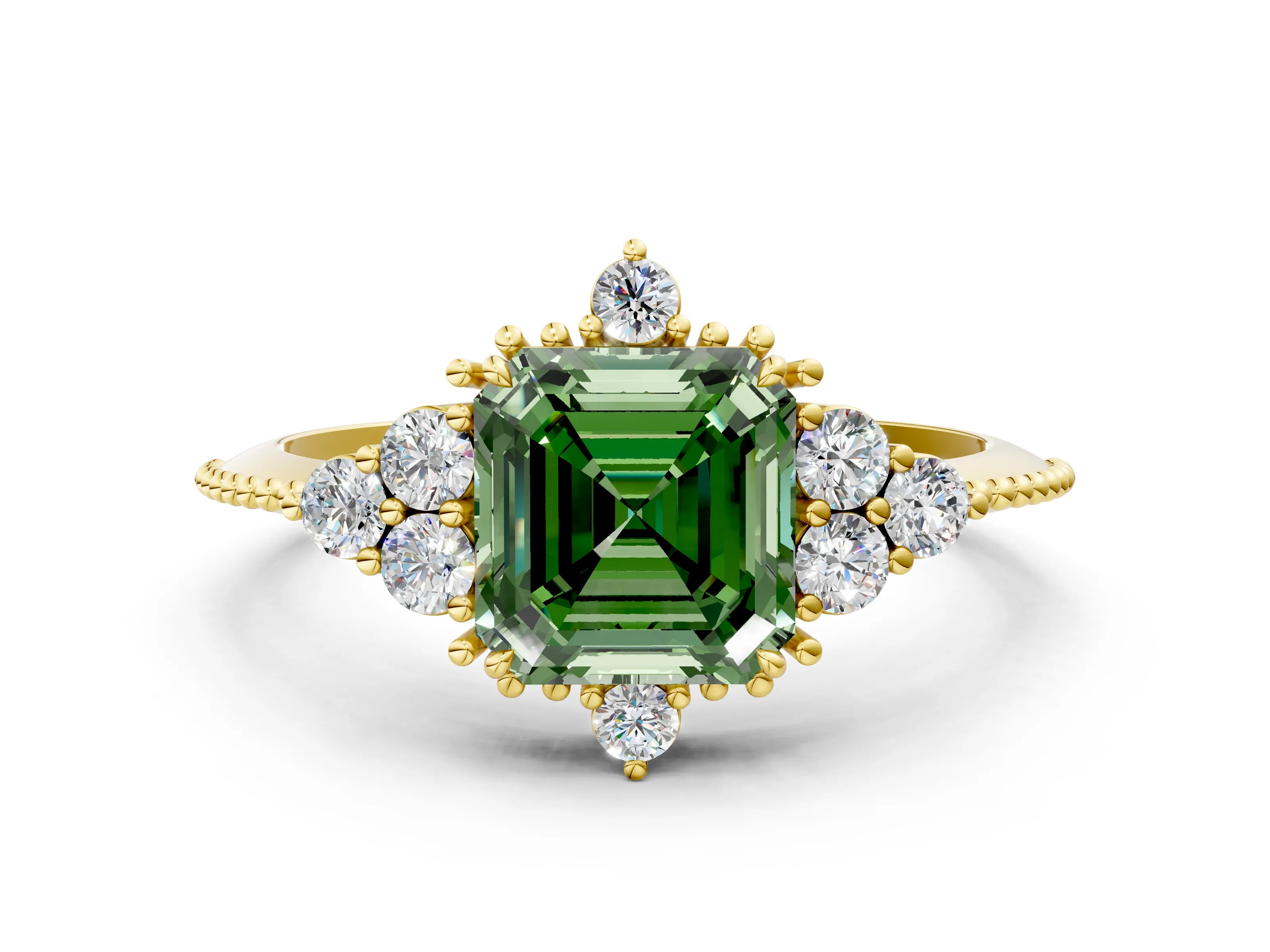 Yellow gold Fancy Green Asscher Cut Brilliant Diamond with Cluster Setting on a Beaded Band and Four-Prong Setting
