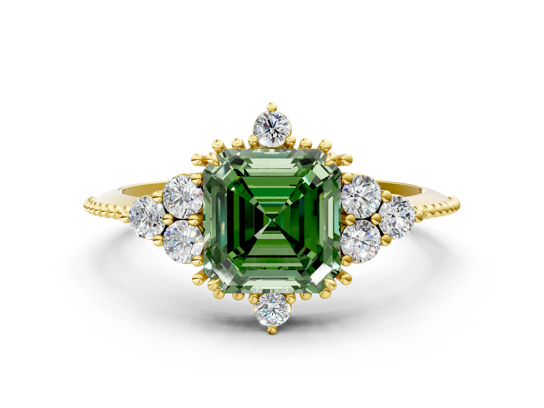 Yellow gold Fancy Green Asscher Cut Brilliant Diamond with Cluster Setting on a Beaded Band and Four-Prong Setting