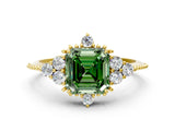 Yellow gold Fancy Green Asscher Cut Brilliant Diamond with Cluster Setting on a Beaded Band and Four-Prong Setting