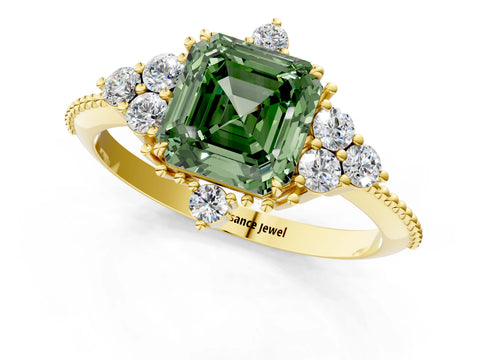 Yellow gold Fancy Green Asscher Cut Brilliant Diamond with Cluster Setting on a Beaded Band and Four-Prong Setting_1