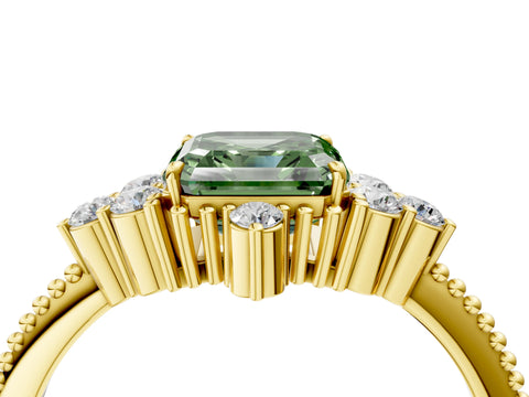 Yellow gold Fancy Green Asscher Cut Brilliant Diamond with Cluster Setting on a Beaded Band and Four-Prong Setting_4