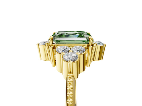 Yellow gold Fancy Green Asscher Cut Brilliant Diamond with Cluster Setting on a Beaded Band and Four-Prong Setting_5
