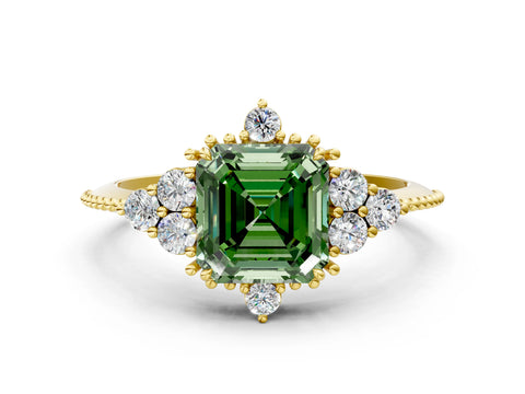 Yellow gold Fancy Green Asscher Cut Brilliant Diamond with Cluster Setting on a Beaded Band and Four-Prong Setting