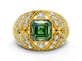 Yellow gold Fancy Green Asscher Cut Brilliant Halo Pave Diamond Milgrain Ring