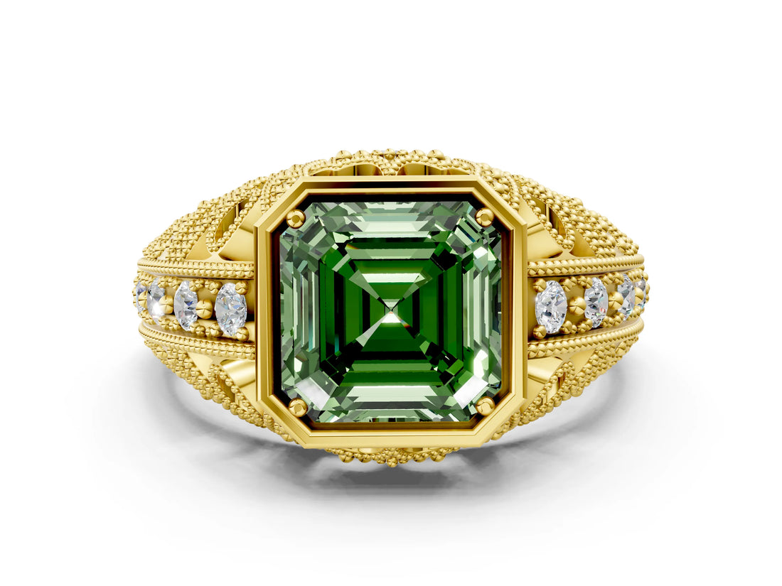 Yellow gold Fancy Green Asscher Cut Brilliant Milgrain Filigree Diamond Ring with Square Prong Setting