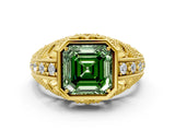 Yellow gold Fancy Green Asscher Cut Brilliant Milgrain Filigree Diamond Ring with Square Prong Setting
