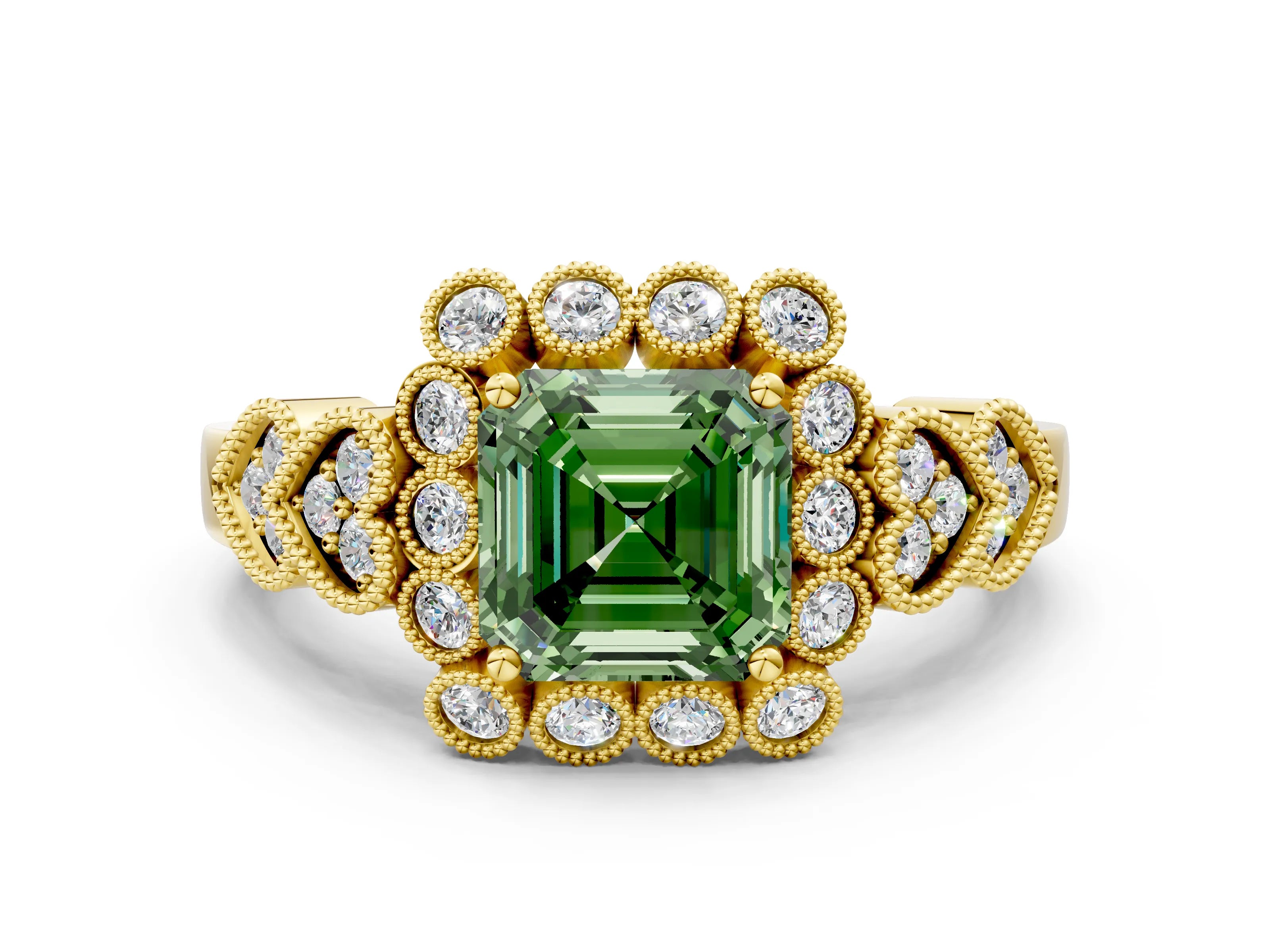 Yellow gold Fancy Green Asscher Cut Brilliant Milgrain Pave Heart Band Solitaire Ring