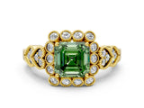 Yellow gold Fancy Green Asscher Cut Brilliant Milgrain Pave Heart Band Solitaire Ring