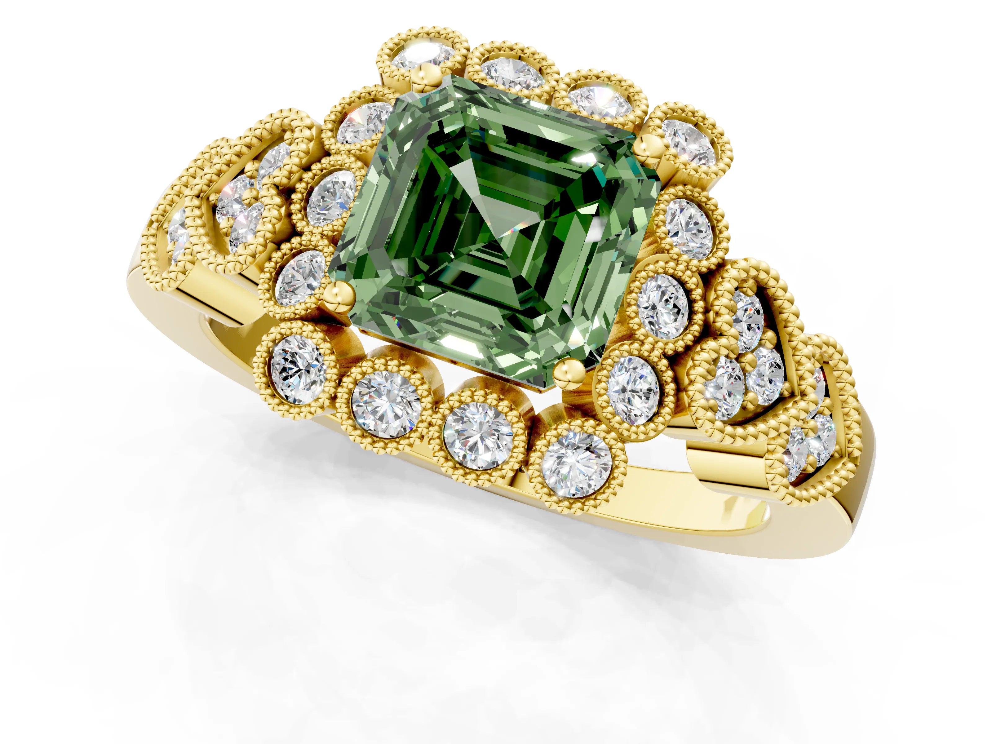 Yellow gold Fancy Green Asscher Cut Brilliant Milgrain Pave Heart Band Solitaire Ring_1