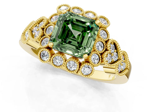 Yellow gold Fancy Green Asscher Cut Brilliant Milgrain Pave Heart Band Solitaire Ring_1