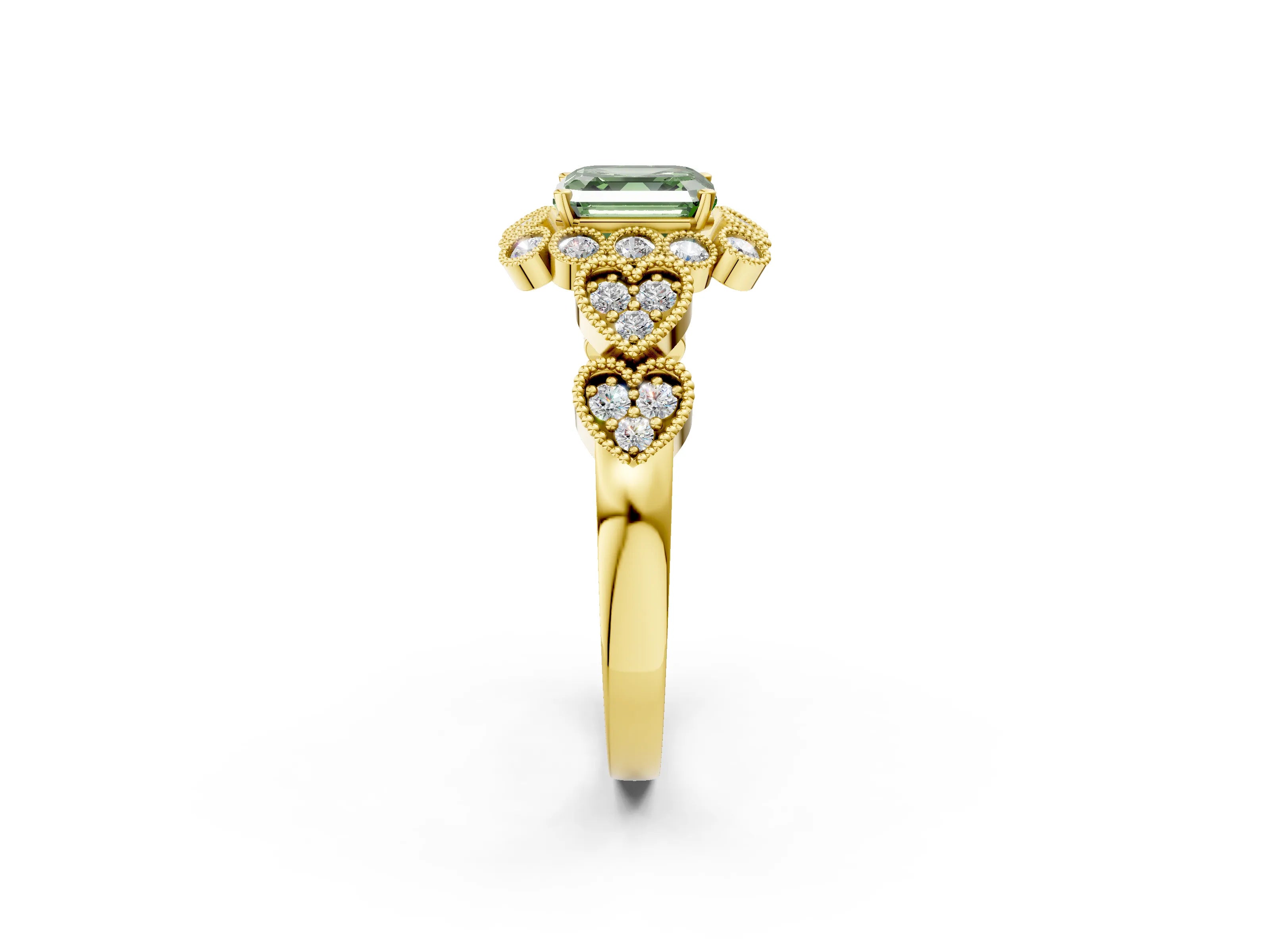 Yellow gold Fancy Green Asscher Cut Brilliant Milgrain Pave Heart Band Solitaire Ring_2