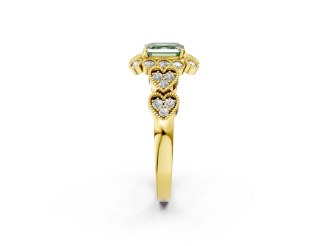 Yellow gold Fancy Green Asscher Cut Brilliant Milgrain Pave Heart Band Solitaire Ring_2