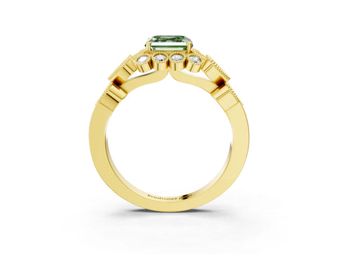 Yellow gold Fancy Green Asscher Cut Brilliant Milgrain Pave Heart Band Solitaire Ring_3