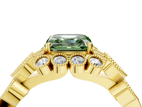Yellow gold Fancy Green Asscher Cut Brilliant Milgrain Pave Heart Band Solitaire Ring_4