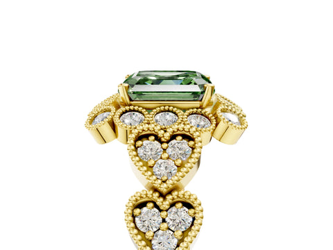 Yellow gold Fancy Green Asscher Cut Brilliant Milgrain Pave Heart Band Solitaire Ring_5