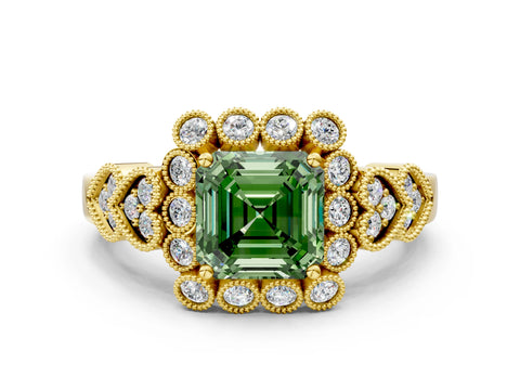 Yellow gold Fancy Green Asscher Cut Brilliant Milgrain Pave Heart Band Solitaire Ring