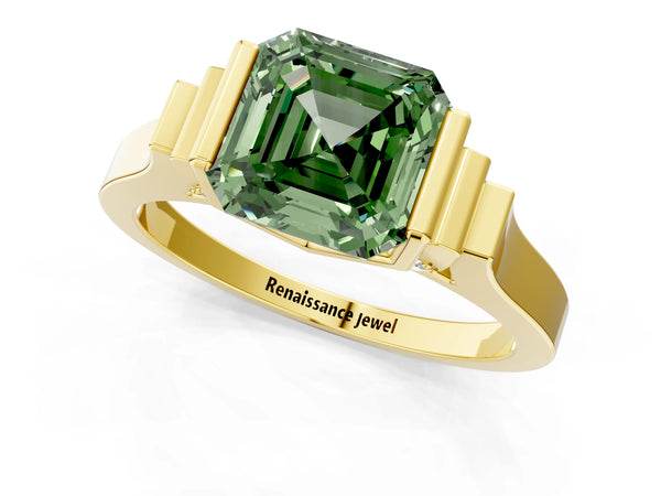Yellow gold Fancy Green Asscher Cut Brilliant Solitaire Diamond Ring with Channel Set Band and Bar Prong Setting