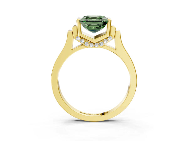 Yellow gold Fancy Green Asscher Cut Brilliant Solitaire Diamond Ring with Channel Set Band and Bar Prong Setting