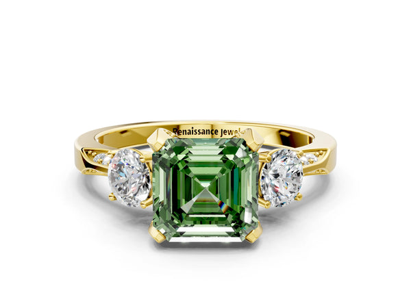 Yellow Gold Asscher Cut Three Stone Hidden Halo Engagement Ring Setting for Fancy Green Center
