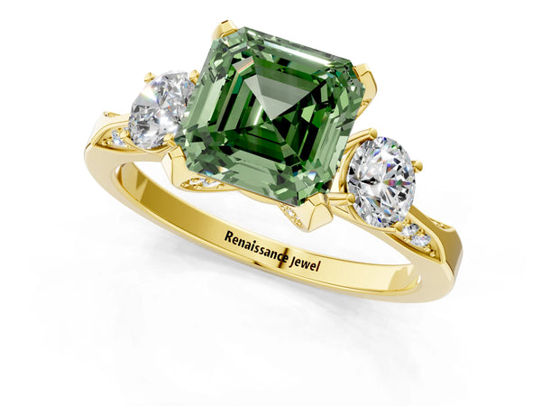 Yellow Gold Asscher Cut Three Stone Hidden Halo Engagement Ring Setting for Fancy Green Center