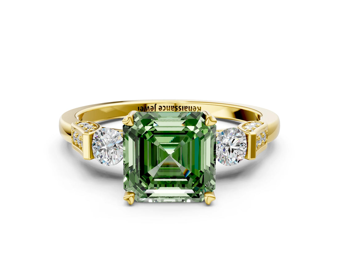 Yellow gold Fancy Green Asscher Cut Brilliant Three-Stone Pave Band with Four-Prong Setting