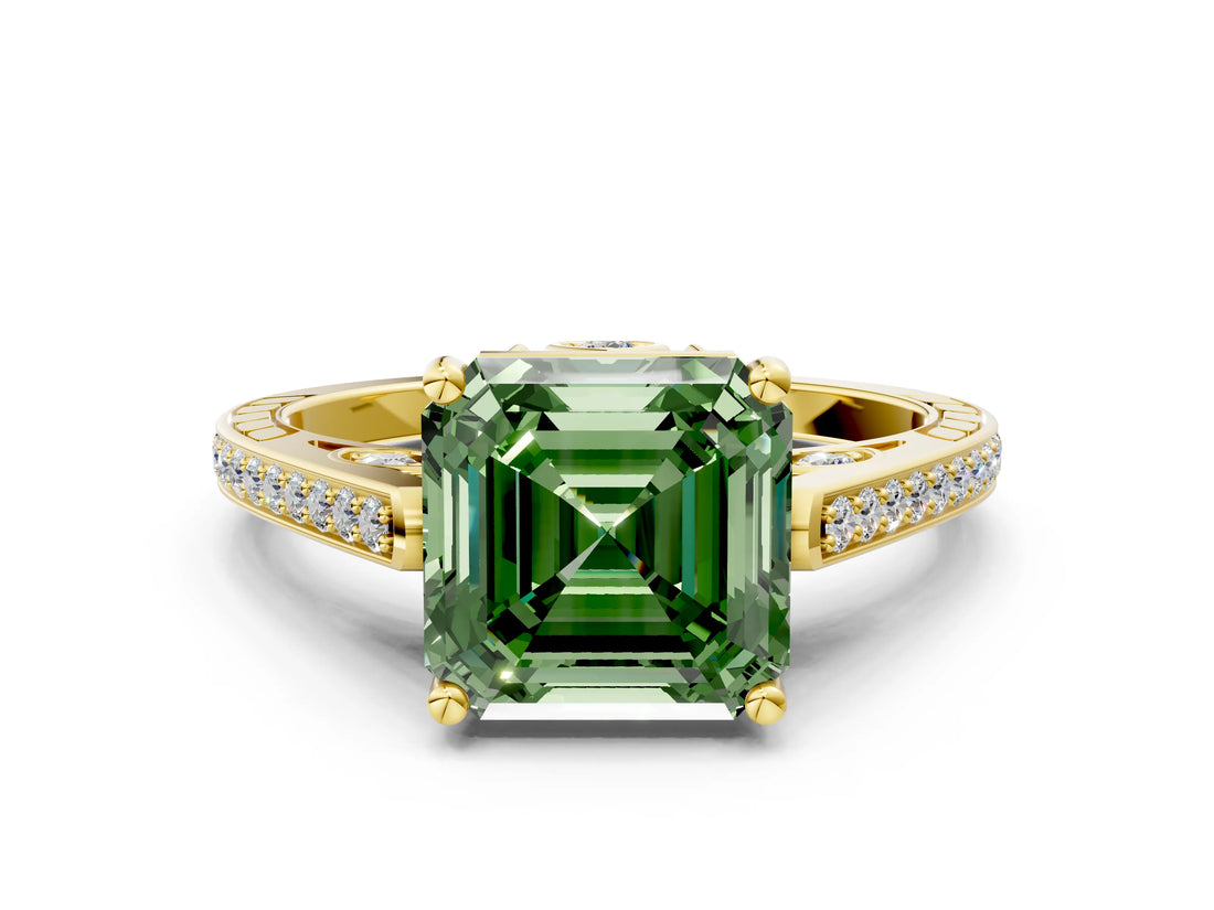 Yellow gold Fancy Green Asscher  Cut Cathedral Pave Diamond Engagement Ring with Six-Prong Setting_37