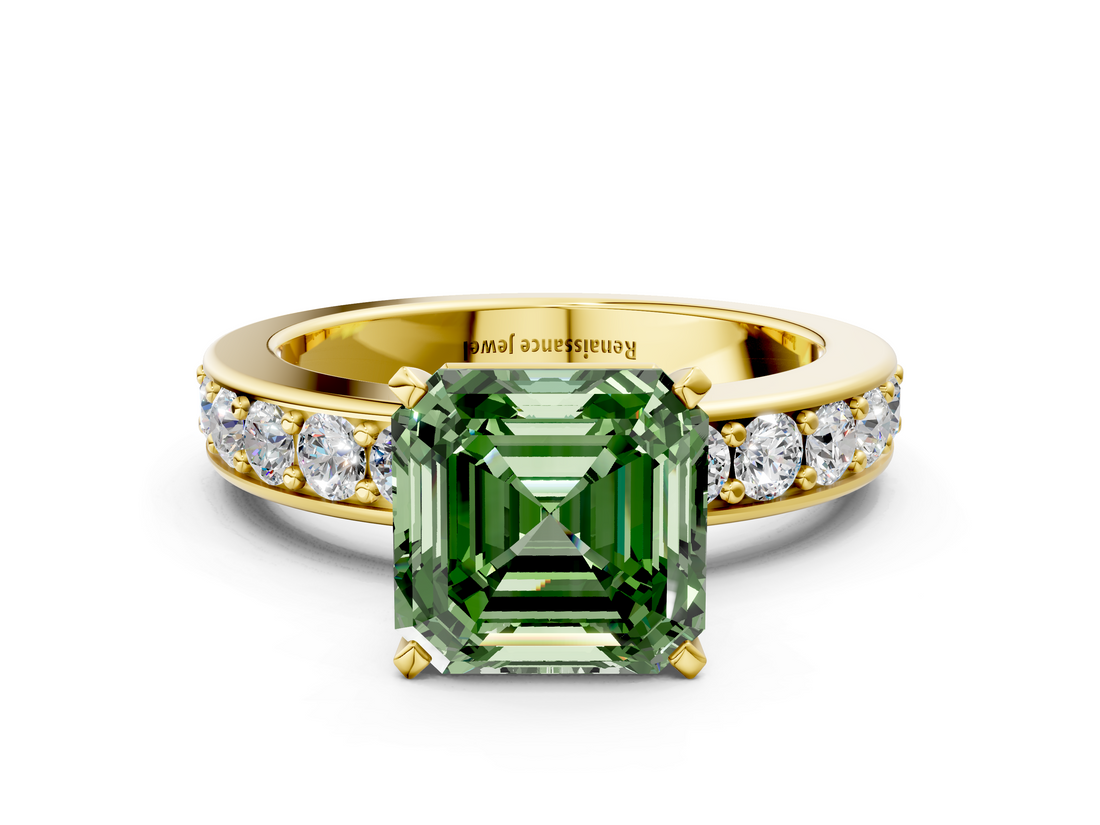 Yellow gold Fancy Green Asscher  Cut Channel Set Diamond Engagement Ring with Four-Prong Setting