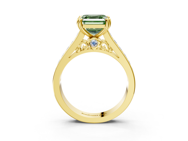 Yellow Gold Asscher Cut Channel Set Solitaire Engagement Ring Setting for Fancy Green Center with Double Claw Prongs