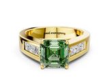 Yellow gold Fancy Green Asscher Cut Cut Channel Set Solitaire Ring with Four-Prong Setting