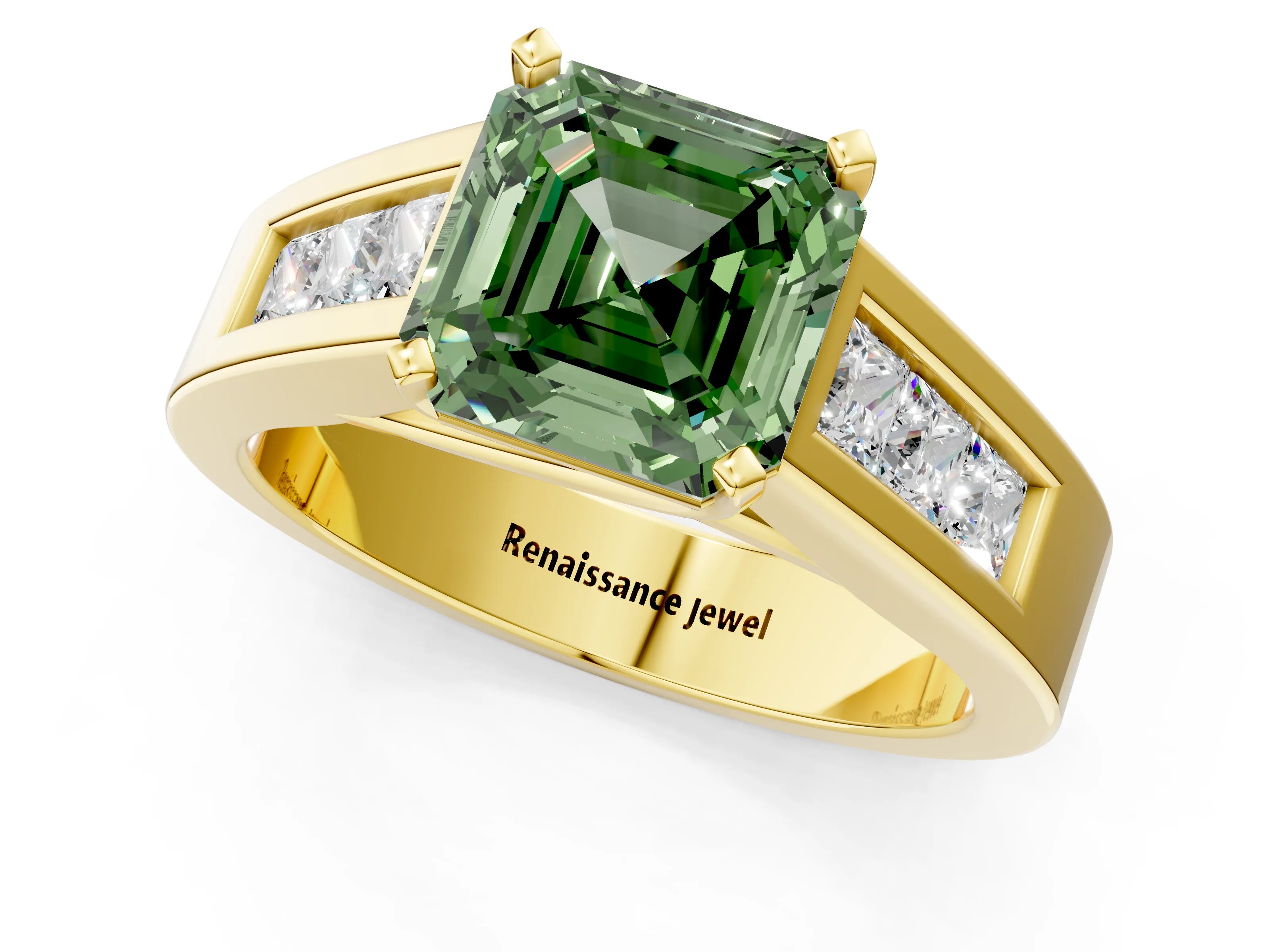 Yellow gold Fancy Green Asscher Cut Cut Channel Set Solitaire Ring with Four-Prong Setting_1