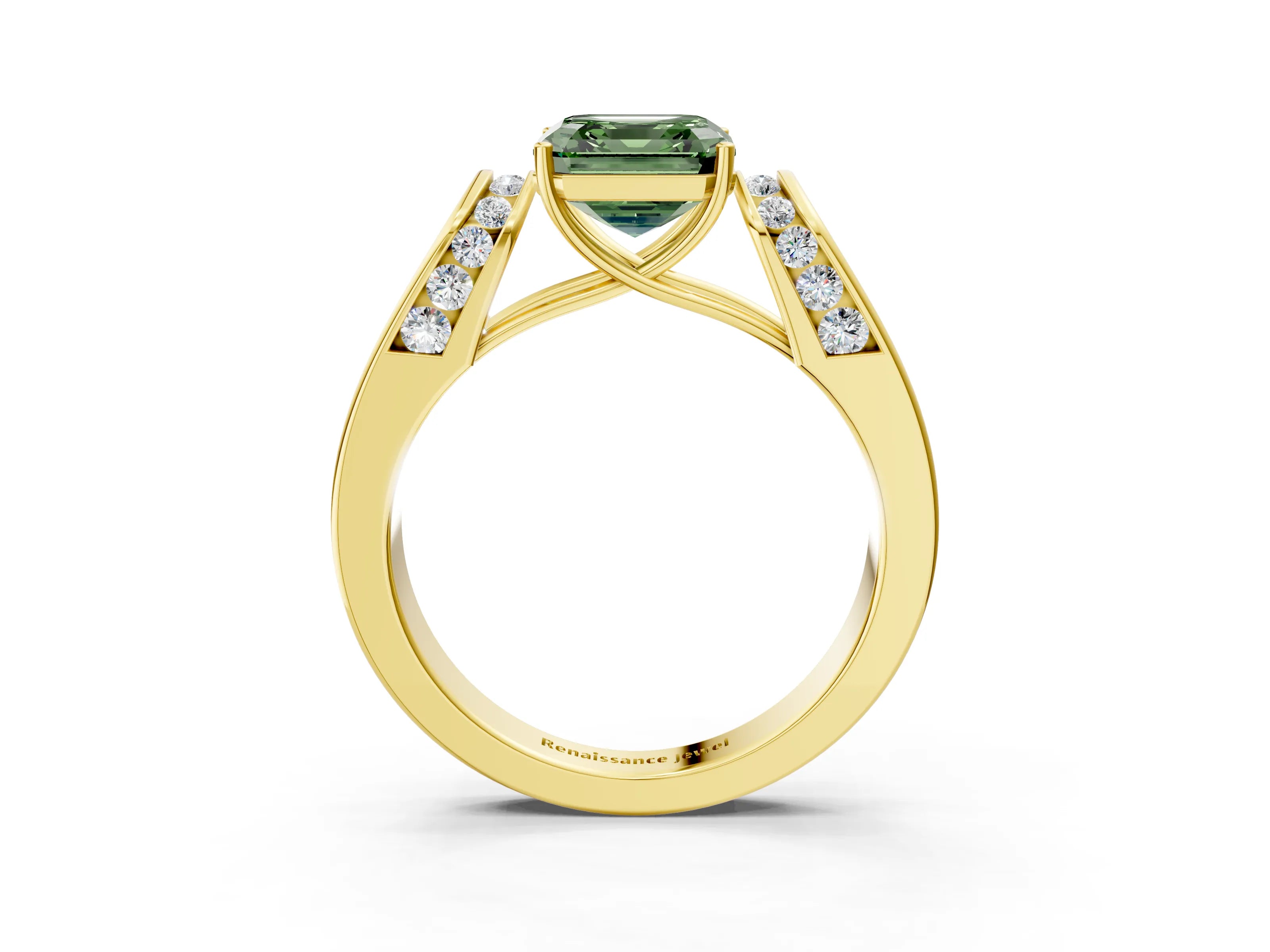 Yellow gold Fancy Green Asscher Cut Cut Diamond Channel Set Solitaire Ring with Four-Prong Setting_3