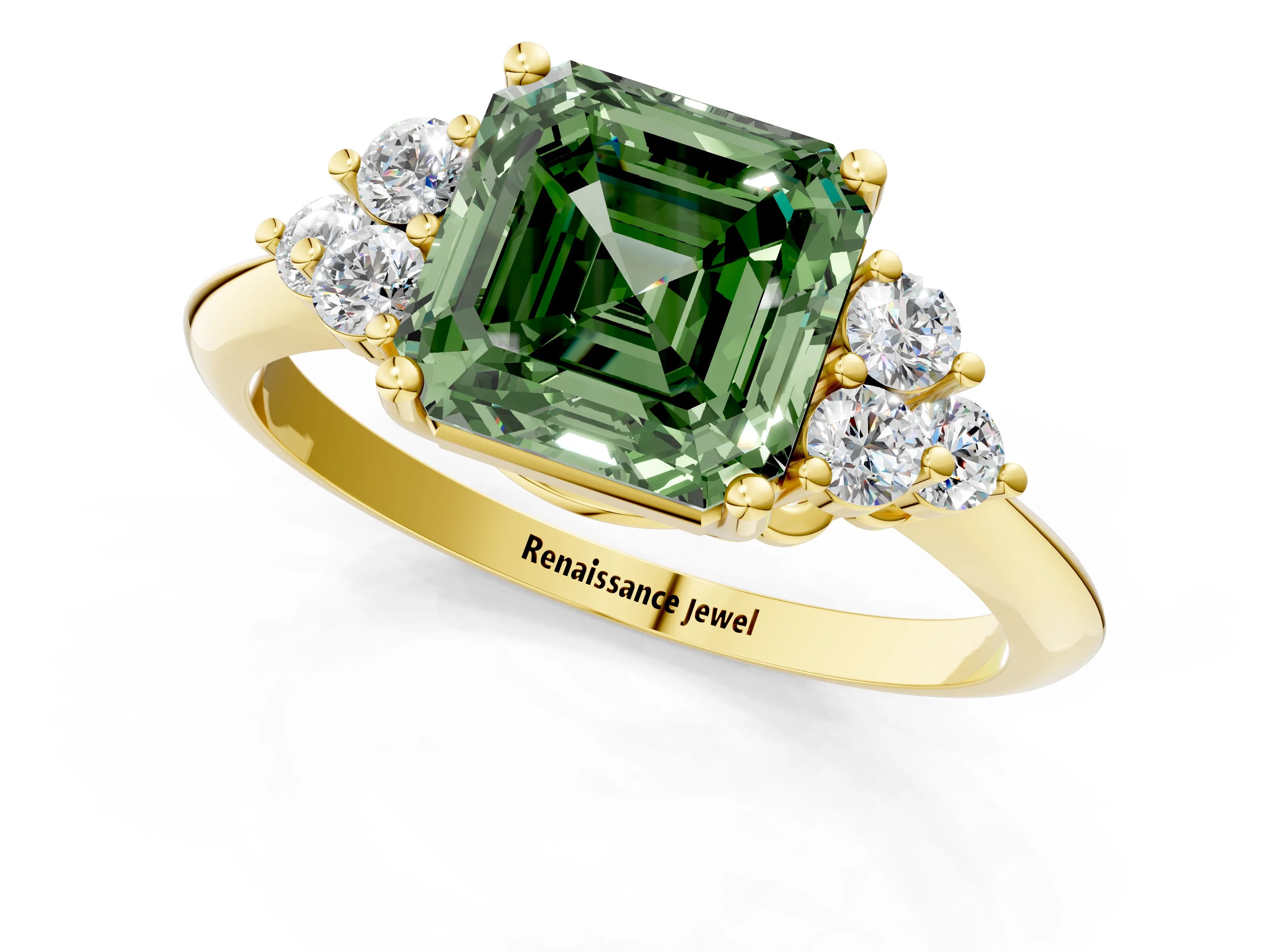 Yellow gold Fancy Green Asscher Cut Cut Diamond Cluster Ring with Solitaire Band and Four-Prong Setting_1