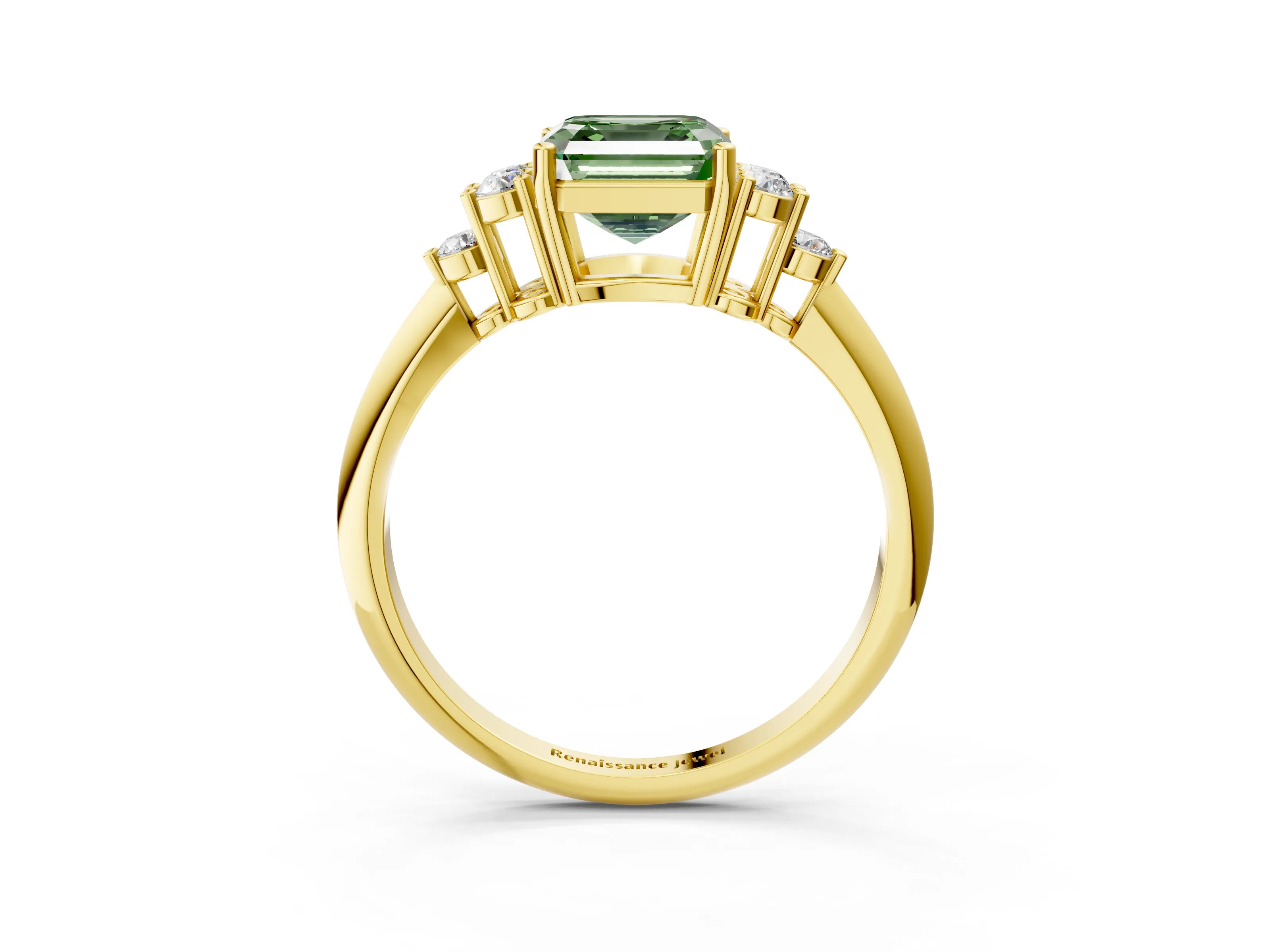 Yellow gold Fancy Green Asscher Cut Cut Diamond Cluster Ring with Solitaire Band and Four-Prong Setting_3
