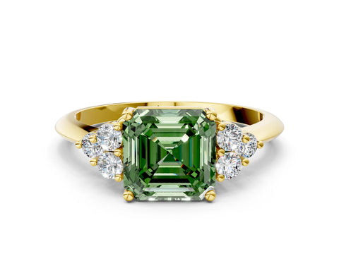 Yellow gold Fancy Green Asscher Cut Cut Diamond Cluster Ring with Solitaire Band and Four-Prong Setting