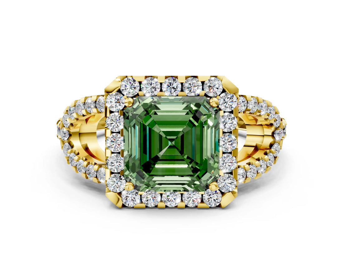 Yellow gold Fancy Green Asscher Cut Cut Diamond Halo Engagement Ring with Open Split Pavé Band
