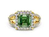 Yellow gold Fancy Green Asscher Cut Cut Diamond Halo Engagement Ring with Open Split Pavé Band