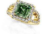 Yellow gold Fancy Green Asscher Cut Cut Diamond Halo Engagement Ring with Open Split Pavé Band_1