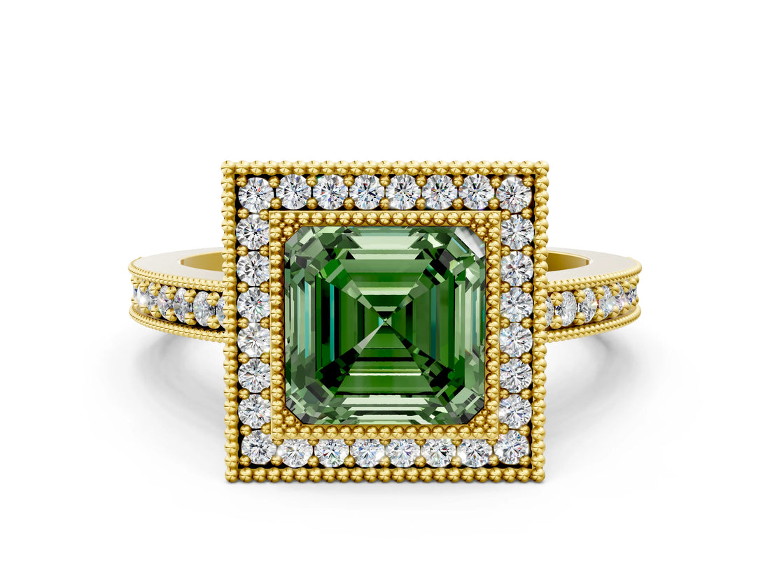 Yellow gold Fancy Green Asscher Cut-Cut Diamond Halo Engagement Ring with Pave Band and Prong Setting