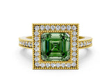Yellow gold Fancy Green Asscher Cut-Cut Diamond Halo Engagement Ring with Pave Band and Prong Setting