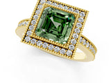 Yellow gold Fancy Green Asscher Cut-Cut Diamond Halo Engagement Ring with Pave Band and Prong Setting_1