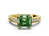 Yellow gold Fancy Green Asscher Cut Cut Diamond Milgrain Pave Band Four-Prong Setting Ring_3