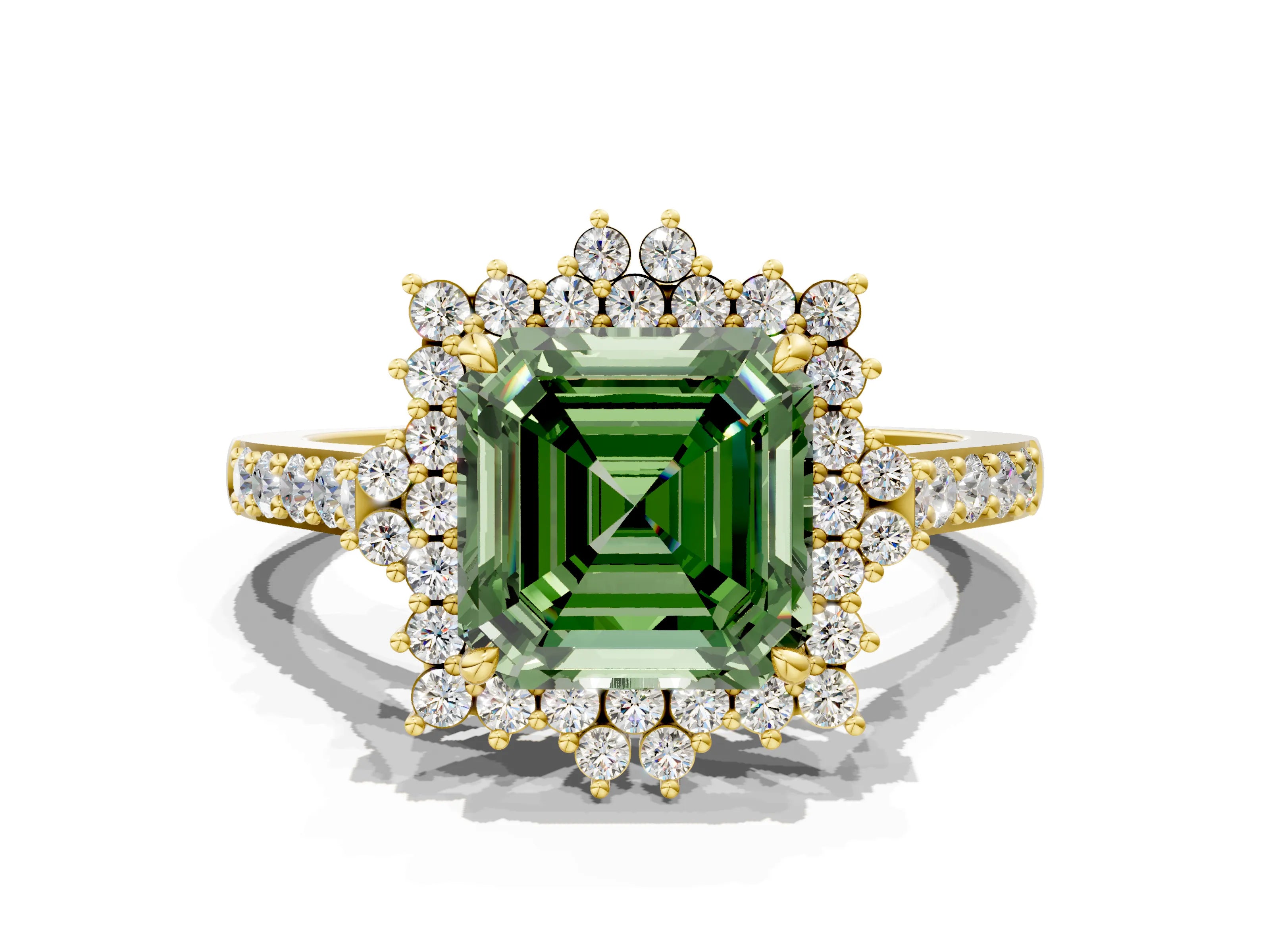 Yellow gold Fancy Green Asscher Cut Cut Diamond Sunburst Halo Engagement Ring with Pavé Band