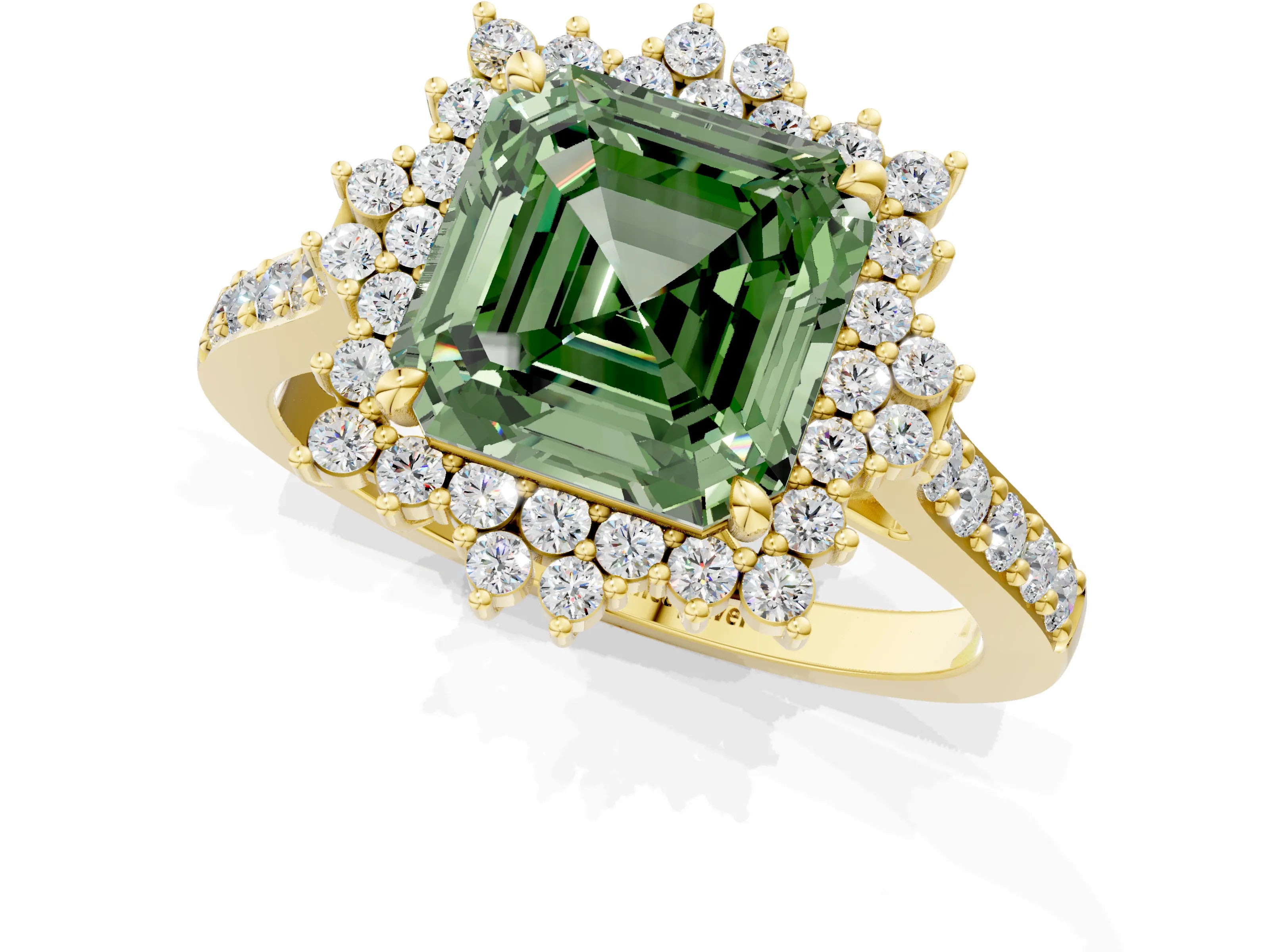 Yellow gold Fancy Green Asscher Cut Cut Diamond Sunburst Halo Engagement Ring with Pavé Band_1