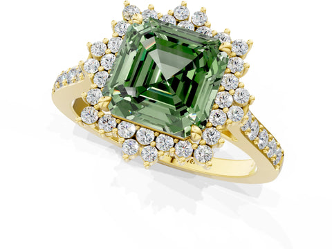 Yellow gold Fancy Green Asscher Cut Cut Diamond Sunburst Halo Engagement Ring with Pavé Band_1