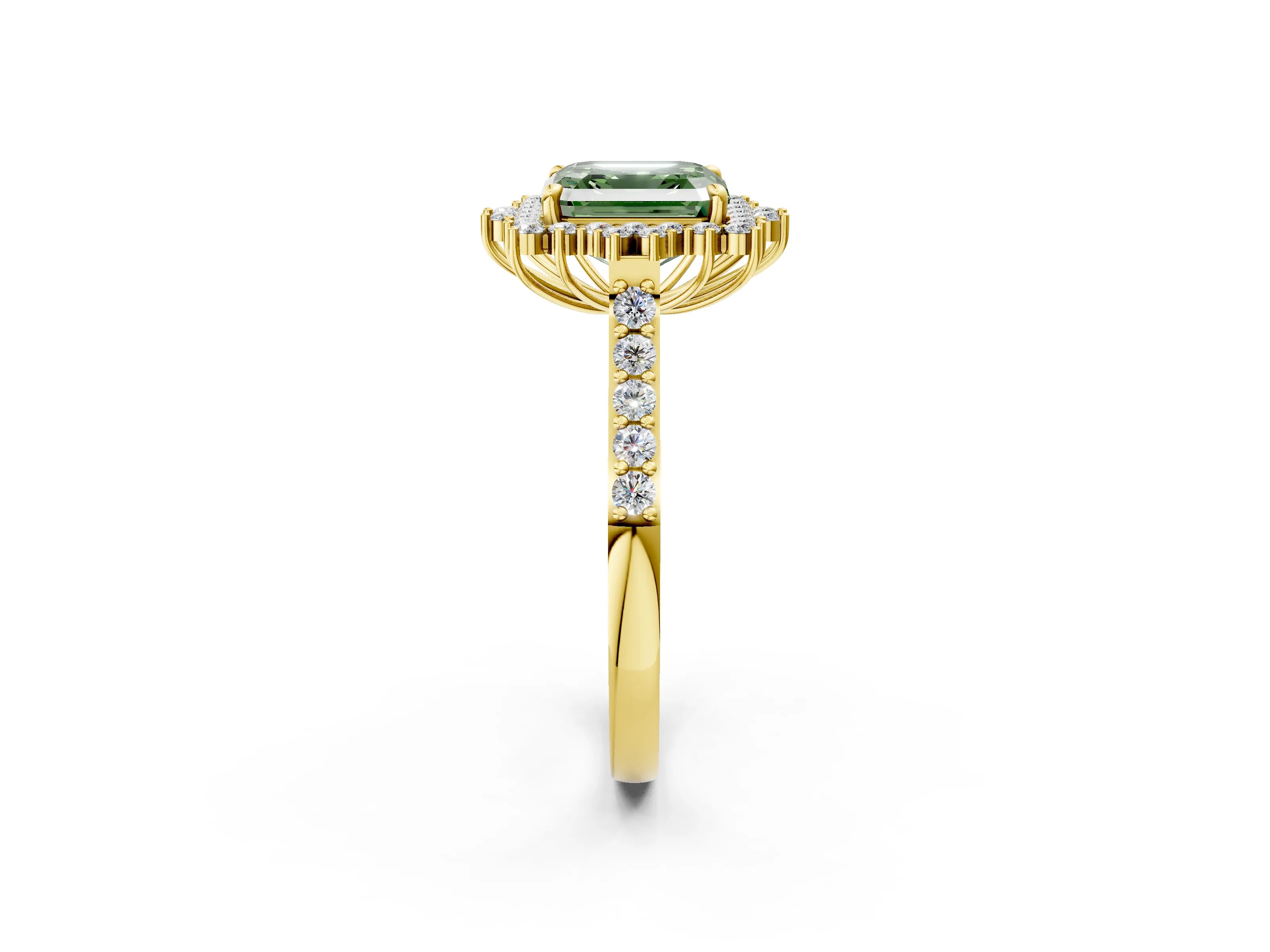 Yellow gold Fancy Green Asscher Cut Cut Diamond Sunburst Halo Engagement Ring with Pavé Band_2