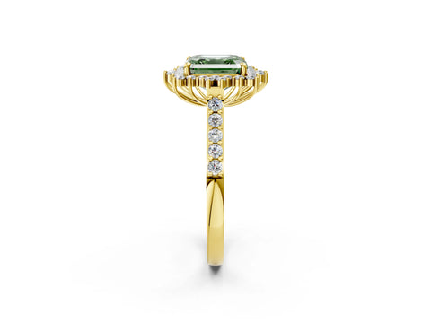 Yellow gold Fancy Green Asscher Cut Cut Diamond Sunburst Halo Engagement Ring with Pavé Band_2